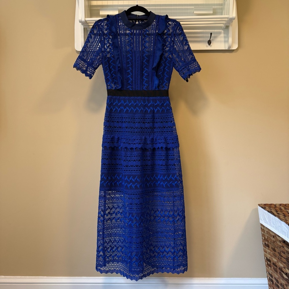 Women's Cobalt Lace Midi Dress with Black Waistband